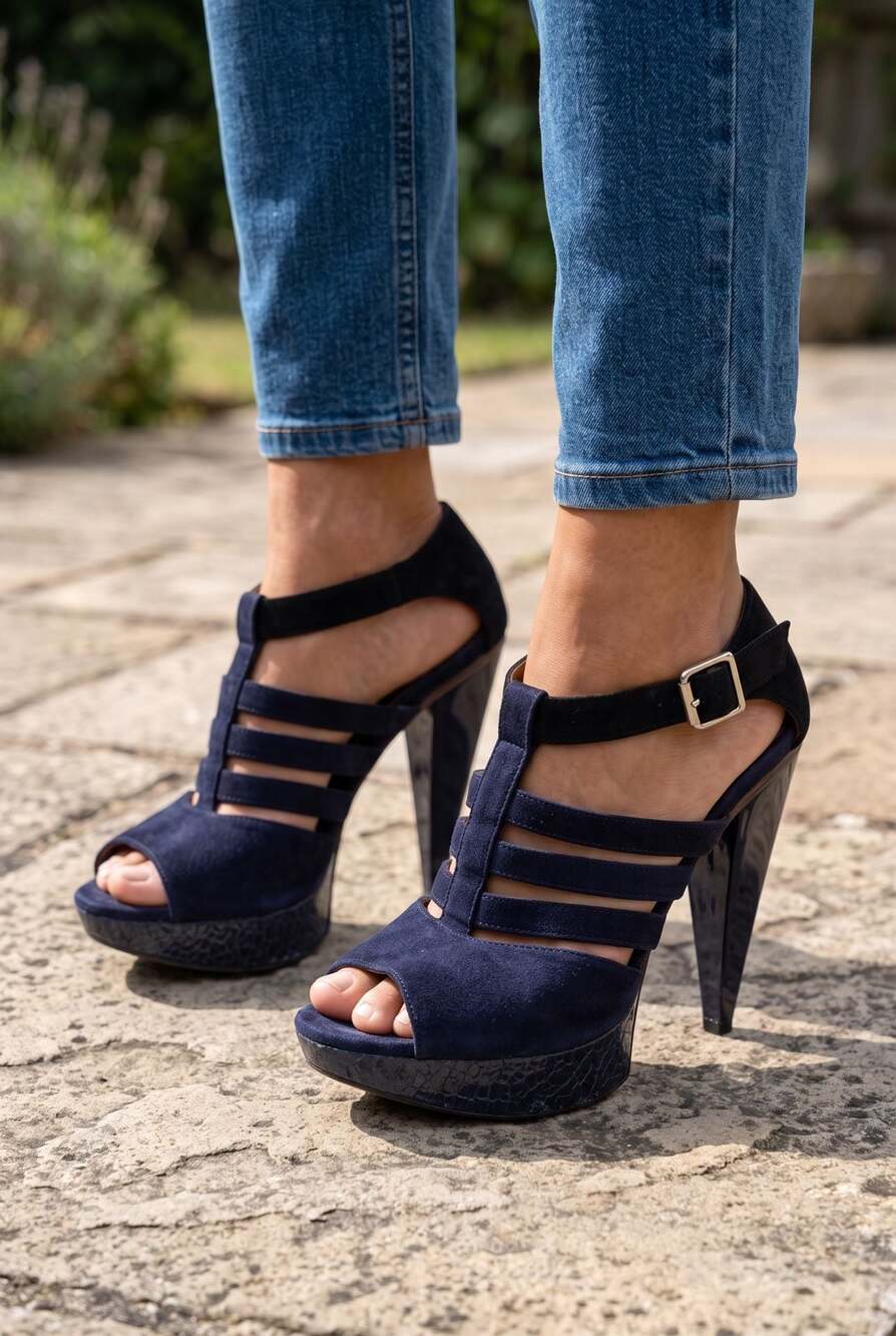 Marni Navy Black Suede T-Strap Peep-Toe Platform Sandals
